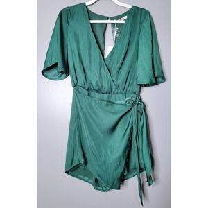 Saints + Secrets Satin Faux Wrap Romper Forest Green V-Neck Open Back Size S